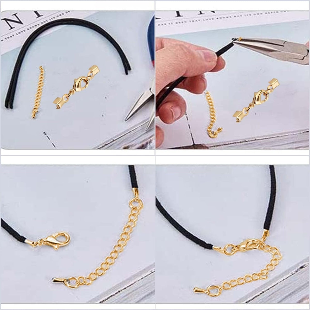 20pcs Golden Lobster Claw Clasps with Cord Ends Metal Leather Cord End Caps Fold Over Crimp End Tips Connector with a Plastic Box for DIY Necklace Bracelets Jewelry Making