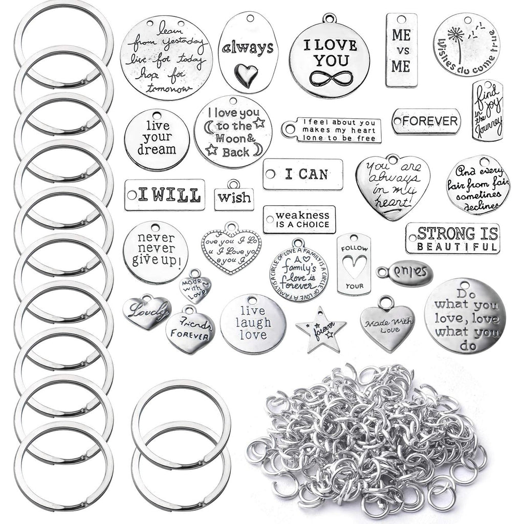259pcs Metal Words Charms Inspirational Charms Jewelry Charm Pendants with Open Jump Rings Key Rings for DIY Jewelry Making Crafts Supplies