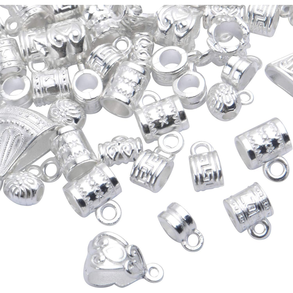 100g (About 120-170pcs) Mixed Bright Silver Bail Beads,Spacer Bead,Bail Tube Beads,Bracelet Charms,Necklace Pendants for Jewelry and Craft Making