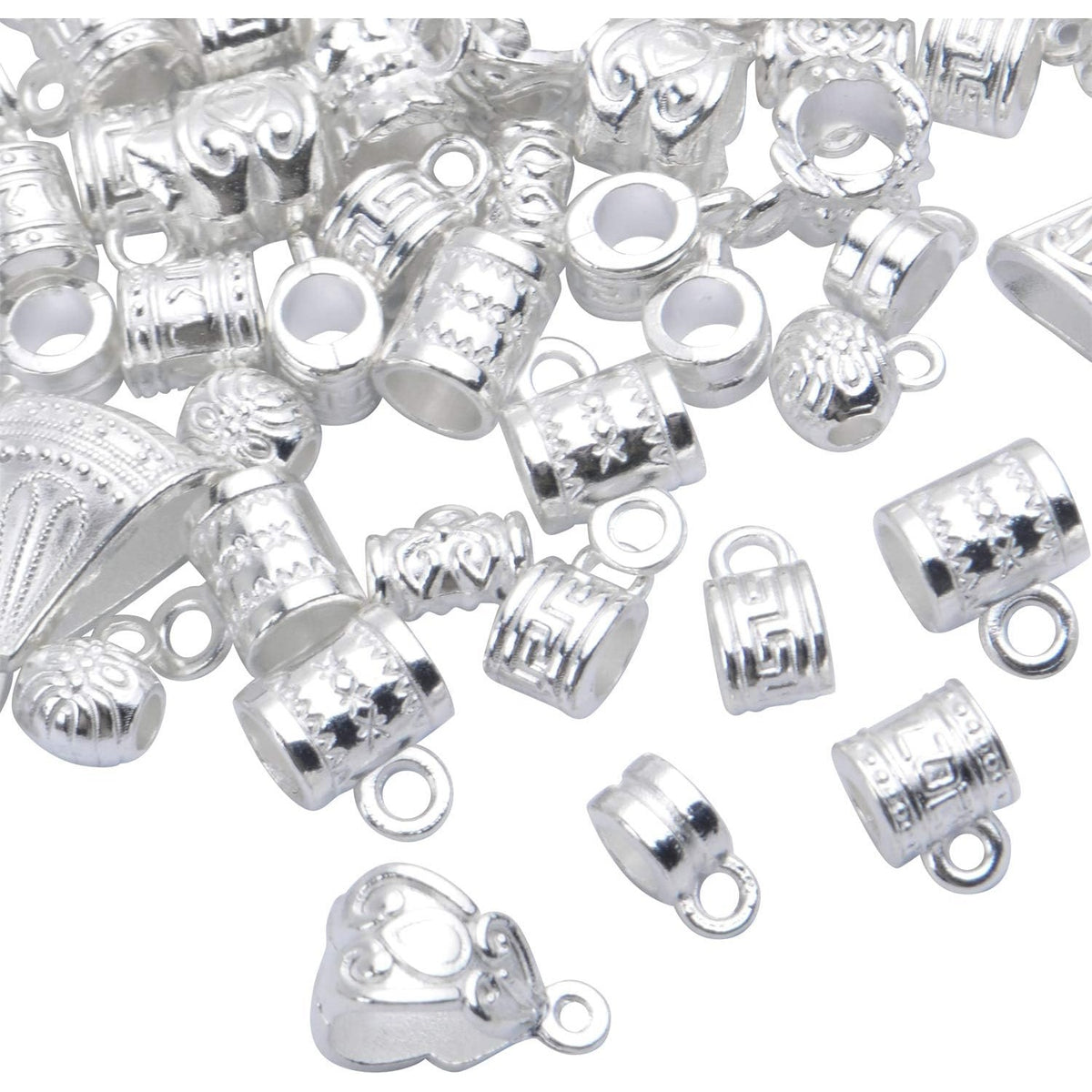 100g (About 120-170pcs) Mixed Bright Silver Bail Beads,Spacer Bead,Bail Tube Beads,Bracelet Charms,Necklace Pendants for Jewelry and Craft Making