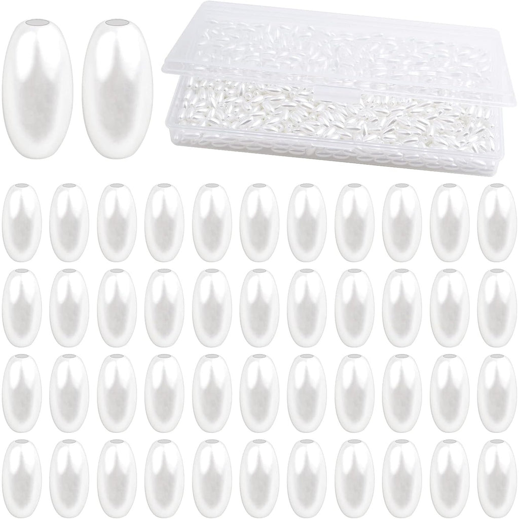 1000pcs White Long Pearl Beads Smooth Ball Imitation Pearl Beads Plastic Oval Rice Shape Spacer Beads with a Plastic Box for DIY Bracelets Jewelry Making Craft Decoration