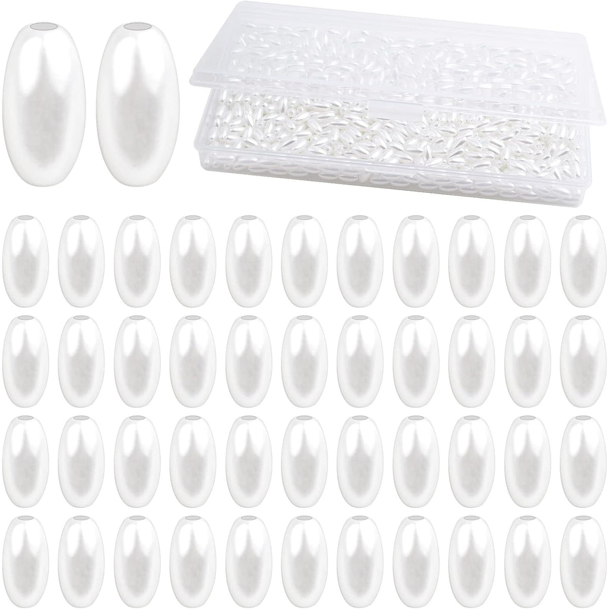 1000pcs White Long Pearl Beads Smooth Ball Imitation Pearl Beads Plastic Oval Rice Shape Spacer Beads with a Plastic Box for DIY Bracelets Jewelry Making Craft Decoration