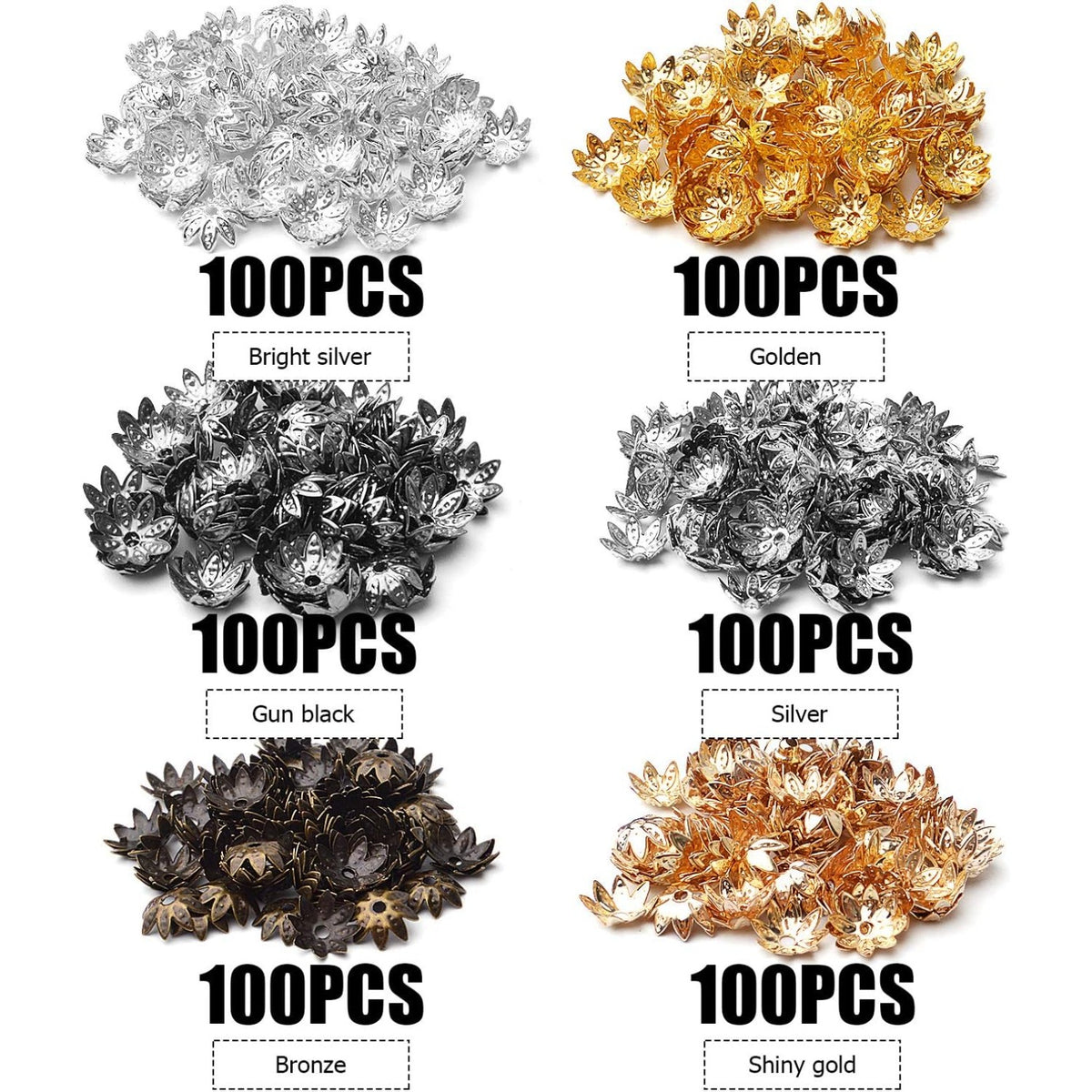 Tibetan Bead Caps, 600pcs 8 mm Antique Alloy Mixed Flower Bead Spacers Jewelry Findings Accessories for DIY Crafts, 6 Colors