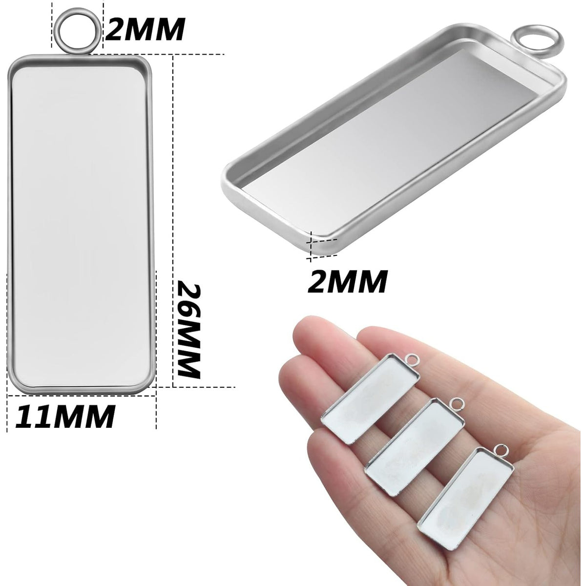 50pcs Rectangle Pendant Trays Setting Stainless Steel Bezel Pendant Blanks Cabochon Cameo Bezel Trays for DIY Crafts Jewelry Making, 26 mm x 11.1 mm