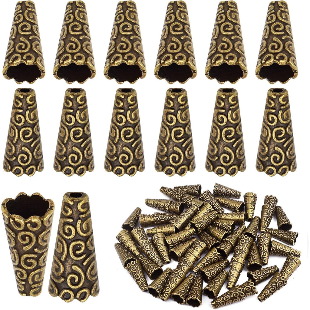 Beads Caps Making, 100pcs Antique Beads Caps Tibetan Style Cone Caps Metal Beads End Caps Flower Bead Caps Tassel Crafts DIY for Jewelry Making, 17.5 8.5mm