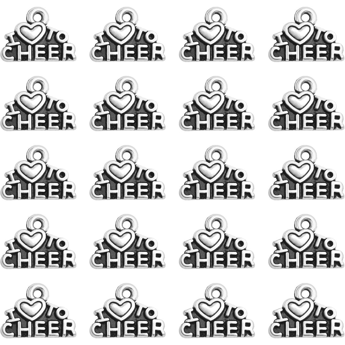 100pcs Antique Silver I Love to Cheer Charms Vintage Alloy Love Cheer Pendants Sport Cheerleader Dangle Charms for DIY Necklace Bracelet Jewelry Supplies Cheerleading Gifts