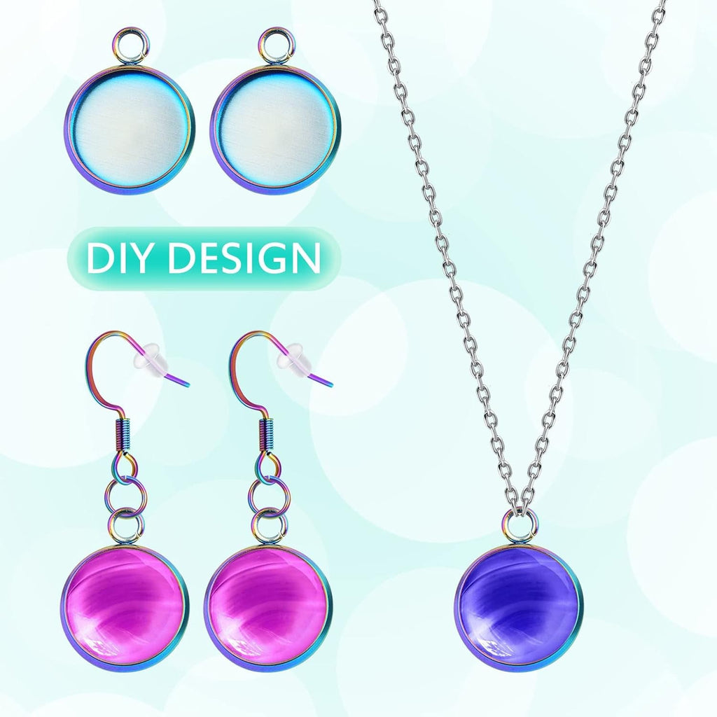 50 Pieces Stainless Steel Pendant Trays Cabochon Settings Fit 12 mm Round Blank Bezel Trays Pendant for DIY Necklace Earrings Jewelry Craft Making, Rainbow Color