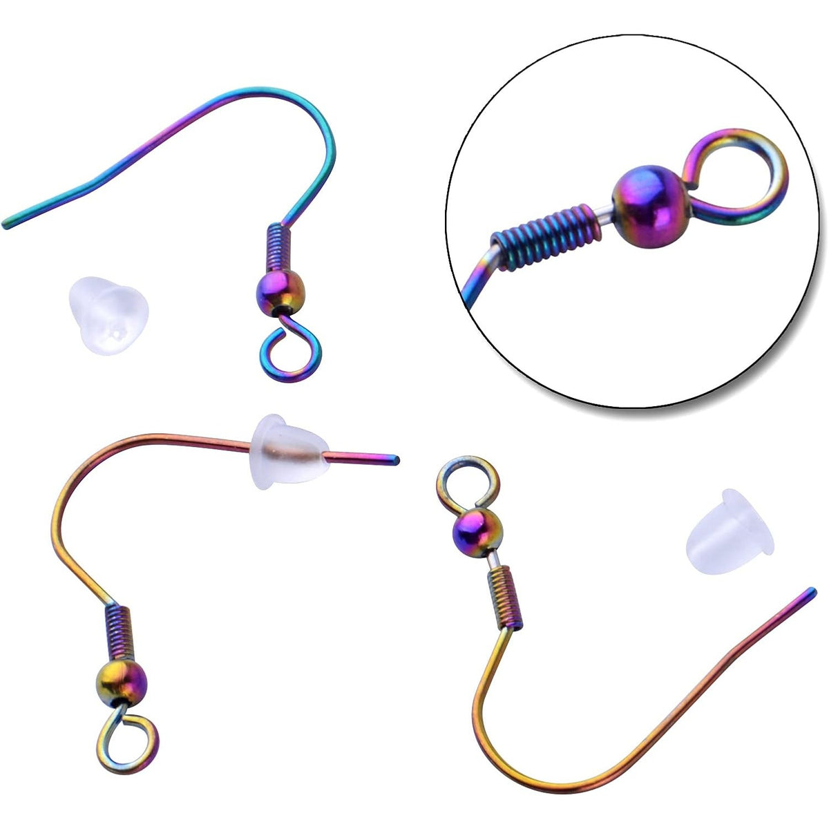 Stainless Steel Earring Hooks, 50pcs Rainbow Color Fish Earrings Hooks Ear Wires Fish Hooks Hypo-allergenic with 50pcs Clear Bullet Earring Backs for DIY Jewelry Earrings Making