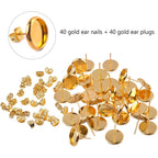 40 Pieces Stainless Steel Stud Earring Cabochon Setting Post Cup for 10mm and 40 Pieces Earring Safety Backs, Gold Color