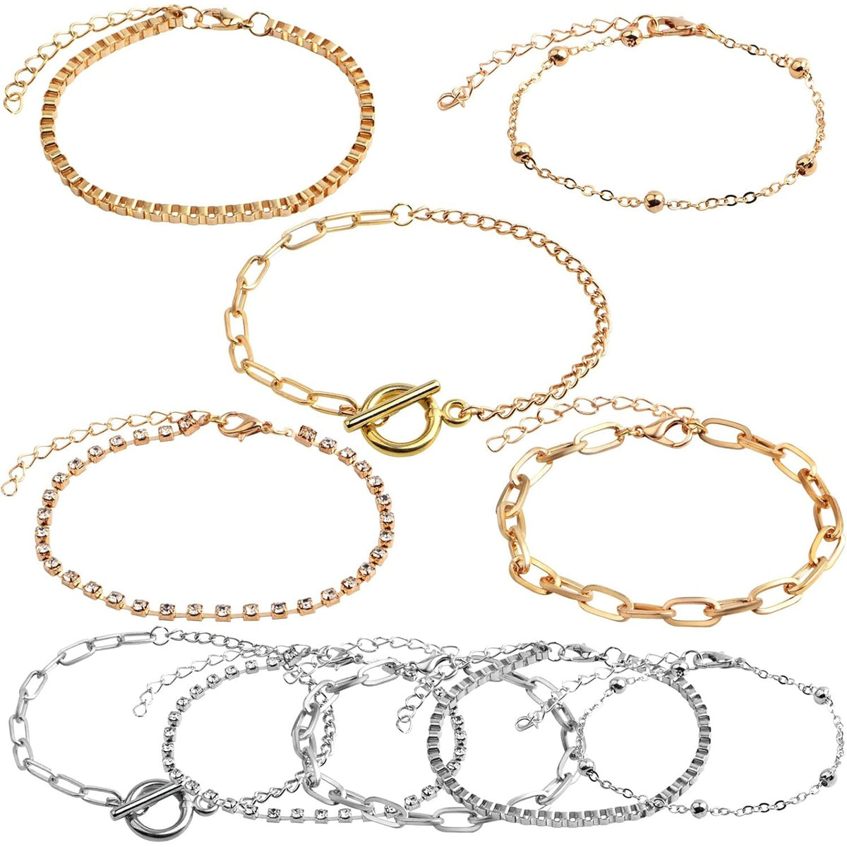 10pcs Adjustable Bracelet Chains with OT Toggle Clasp Lobster Clasps Alloy Bracelet Links with Rhinestone Extender Chains for Women DIY Jewelry Making Craft Supplies, 5 Styles