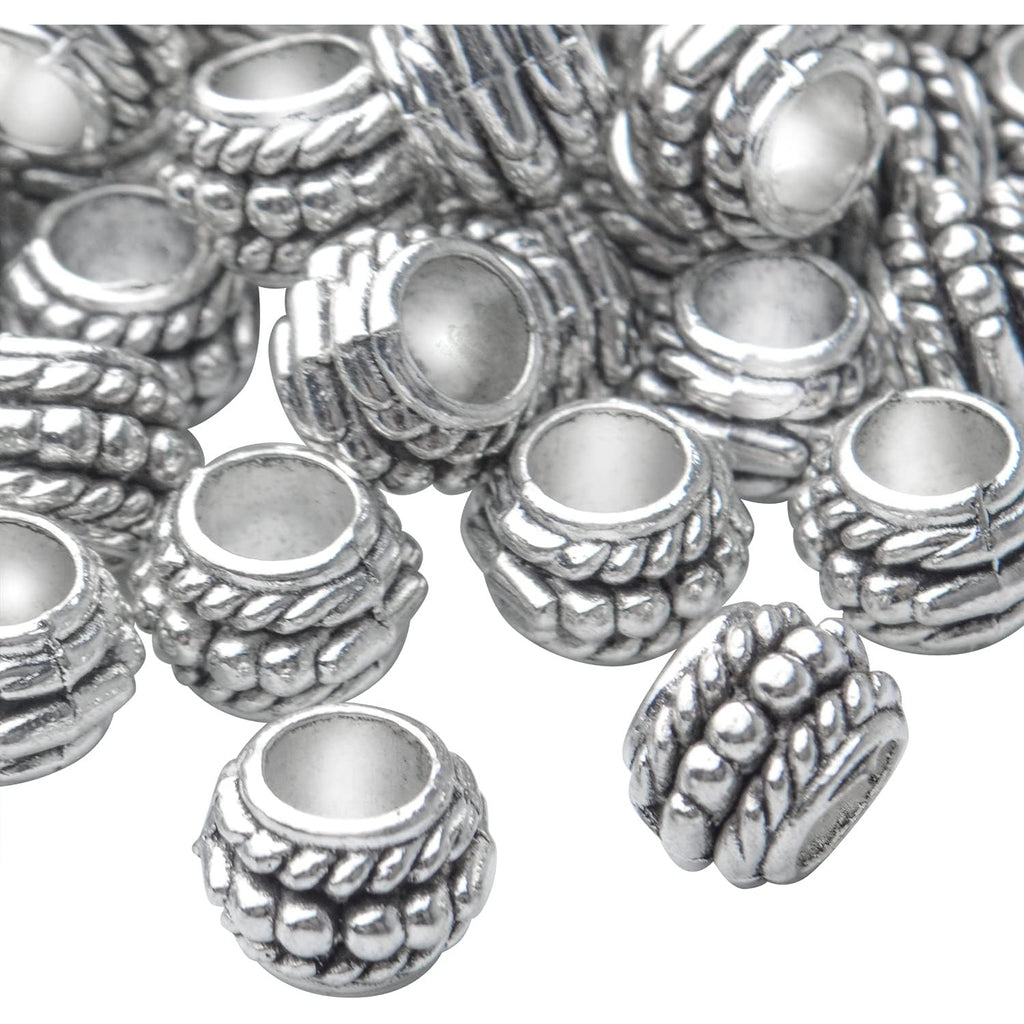 100pcs Tibetan Antique Silver Large Hole Spacer Beads Alloy European Rondelle Beads Spacers Loose Spacers Jewelry Bead Charms for DIY Jewelry Crafts Making(8×6mm, Hole:4.5mm)
