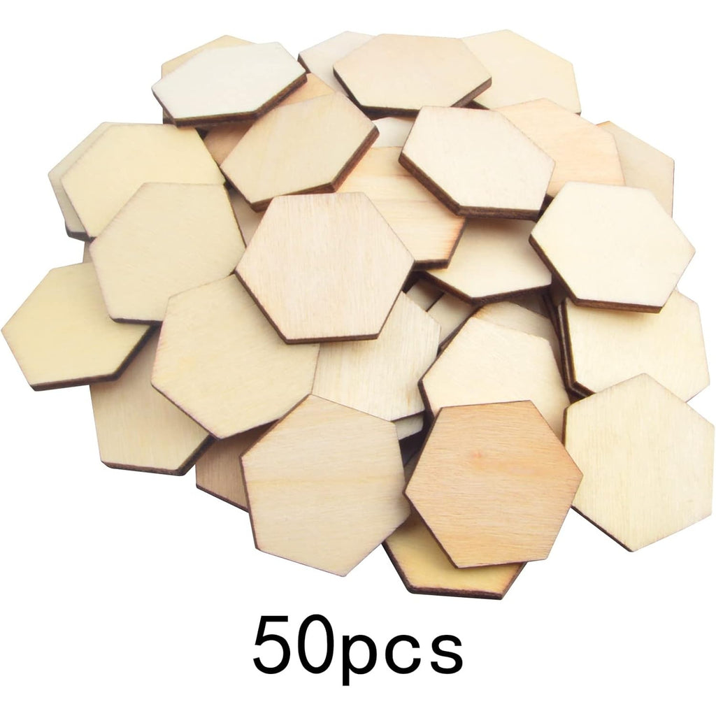 50pcs Blank Unfinished Wood Pieces Hexagon Shape Natural Unpainted Wood Cutout Wood Chips Tiny Log Slices Embellishments for DIY Craft Supplies Home Wedding Christmas Decor
