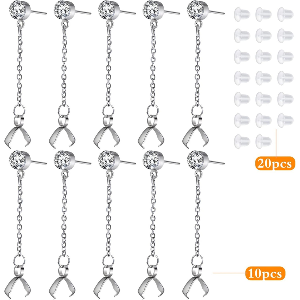 10pcs Hypoallergenic Rhinestone Earring Studs Stainless Steel Earring Posts with Bead Chains and Pinch Clasps, 20pcs Clear Bullet Earring Backs for DIY Jewelry Making Supplies
