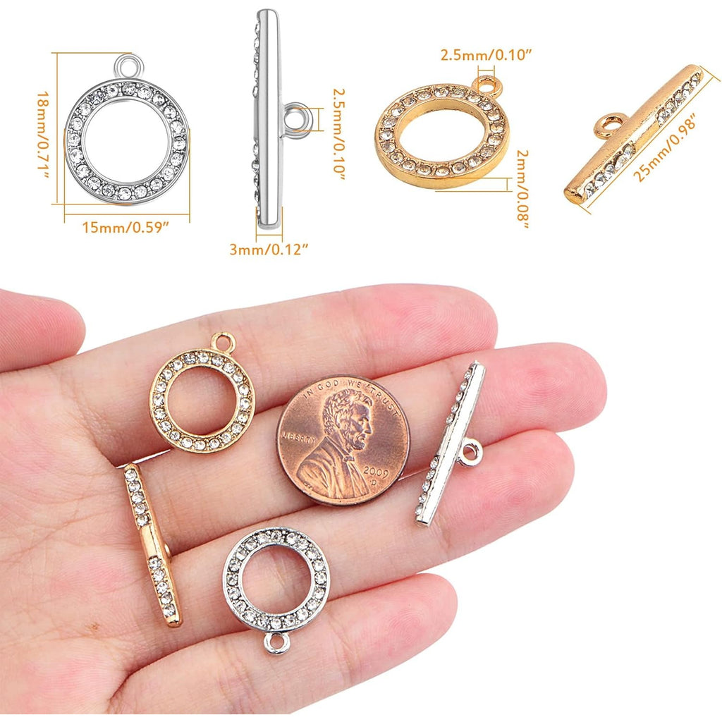 10 Sets Round Metal Toggle Clasps Bracelet Closure Fastener Buckle OT End Clasps T-Bar Connectors and Ring Clasps with Rhinestone for DIY Craft Necklace Jewelry Making, 2 Colors