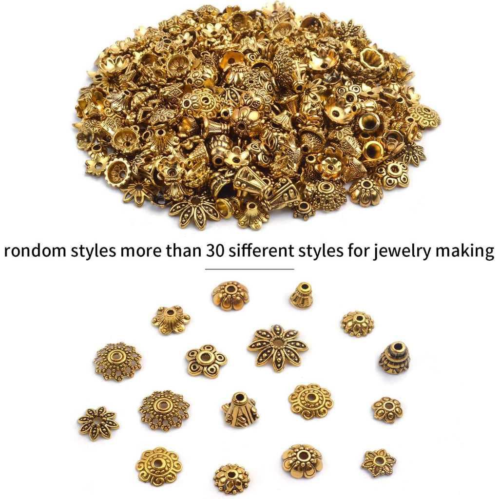 120g Bead Caps with A Clear Storage Box, Tibetan Gold Beads Spacers Jewelry Findings Accessories for Jewelry Making 300-350 Pieces