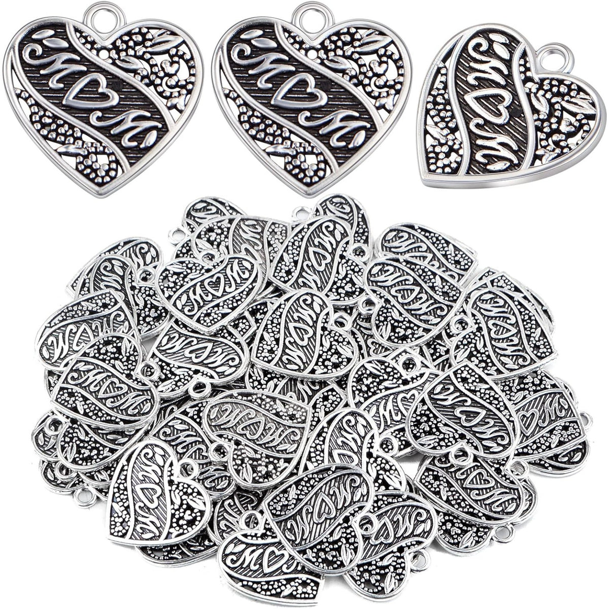 50pcs Antique Silver Mom Heart Pendant Charms Vintage Alloy Love Shaped with Word MOM Pendants Ornaments Craft Supplies for DIY Necklace Bracelet Jewelry Making