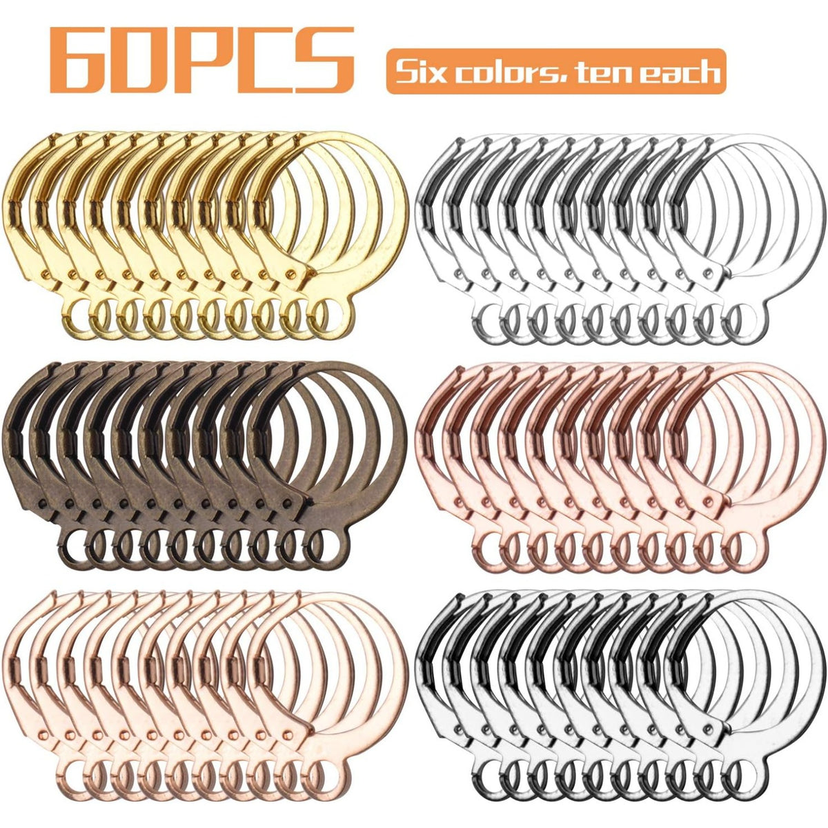 60pcs French Round Earring Hooks Leverback, 30 Pairs, 6 Colors, Simple Design, Polished Finish, Nickel &, Suitable for Jewelry Making & Crafting