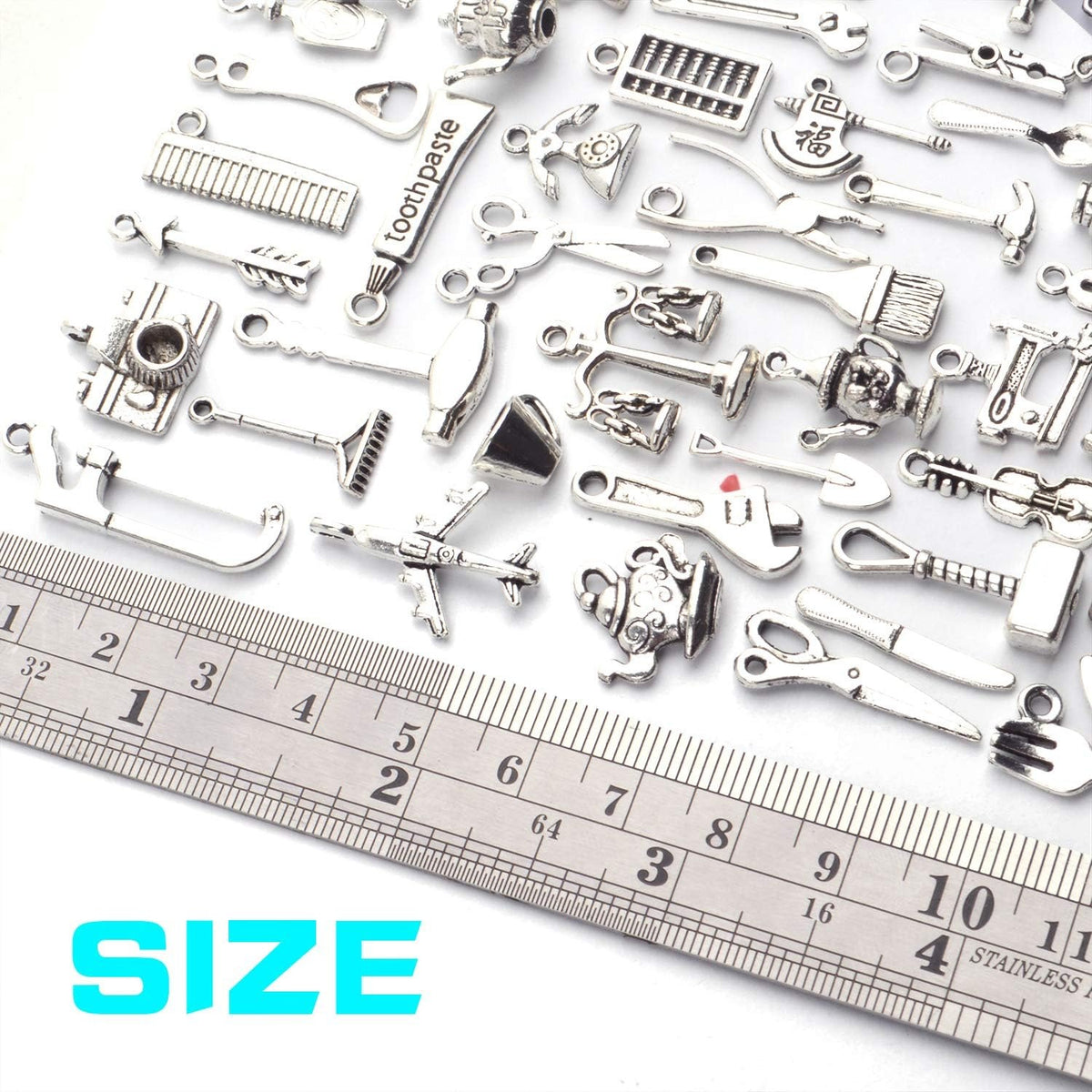 60pcs Silver Home Tools Charms Mixed Styles Vintage Pendants Jewelry Charm Connector Craft Supplies for DIY Necklace Bracelet Making and Crafting