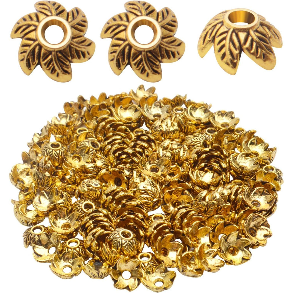 Spacer Bead Caps, 200 Pcs Tibetan Style Flower, Gold, 7 x 3.5 mm, Hole: 1.8 mm, Antique Finish