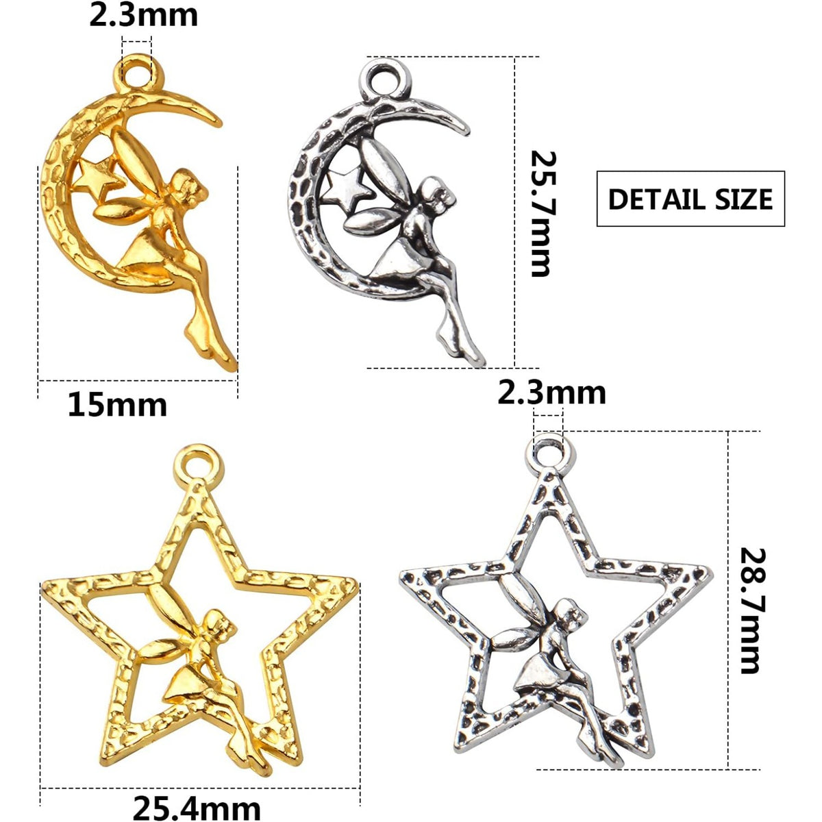 60pcs Fairy Moon Star Charms Alloy Angel Fairy Charms Pendants Crafts Supplies for DIY Jewelry Earrings Necklace Bracelet Making Accessory