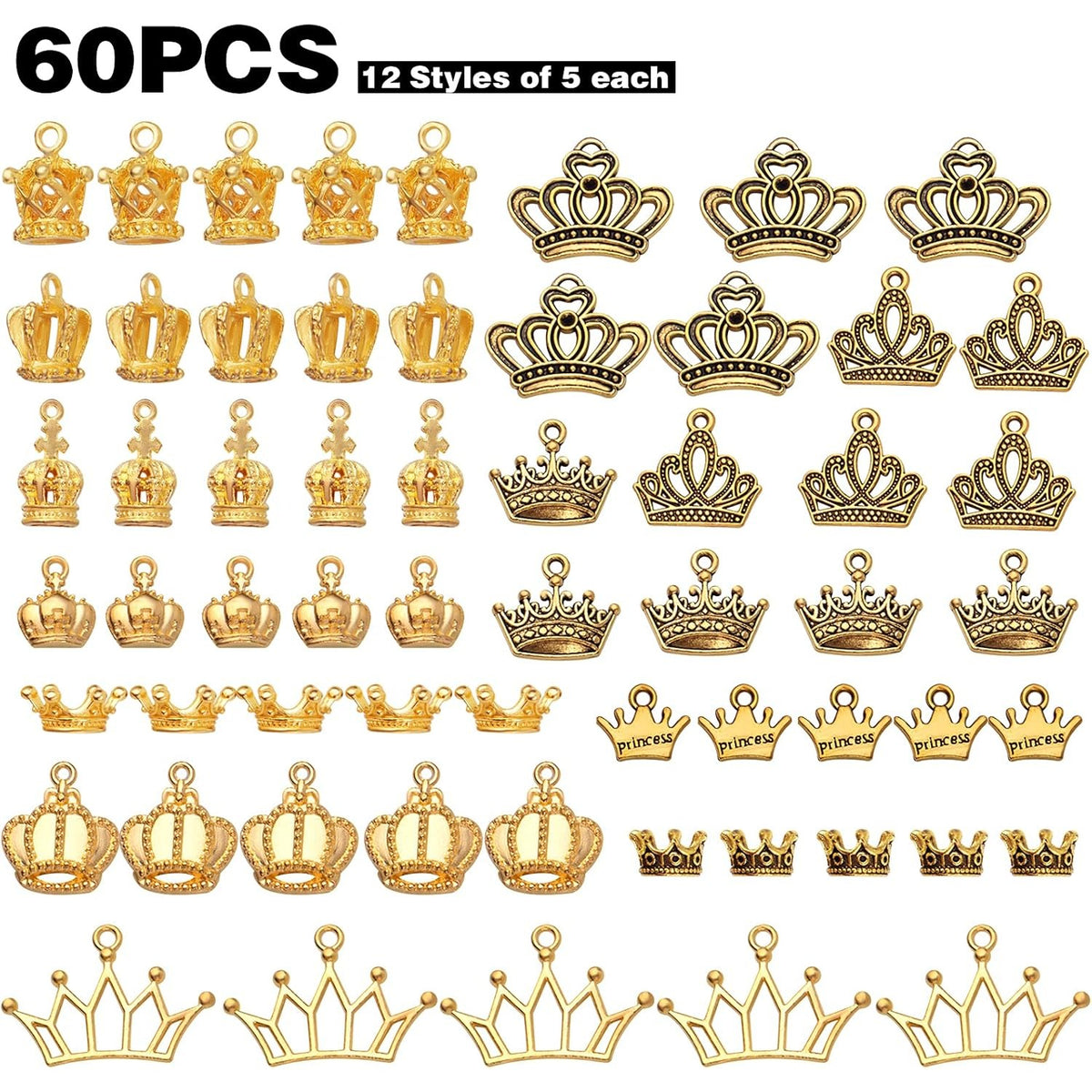 60pcs Crown Charms Pendant 3D Mini Vintage Alloy Lovely King Charms Crown Bead Pendants Connectors for DIY Earrings Necklace Bracelet Jewelry Crafts Making Accessories, 12 Styles