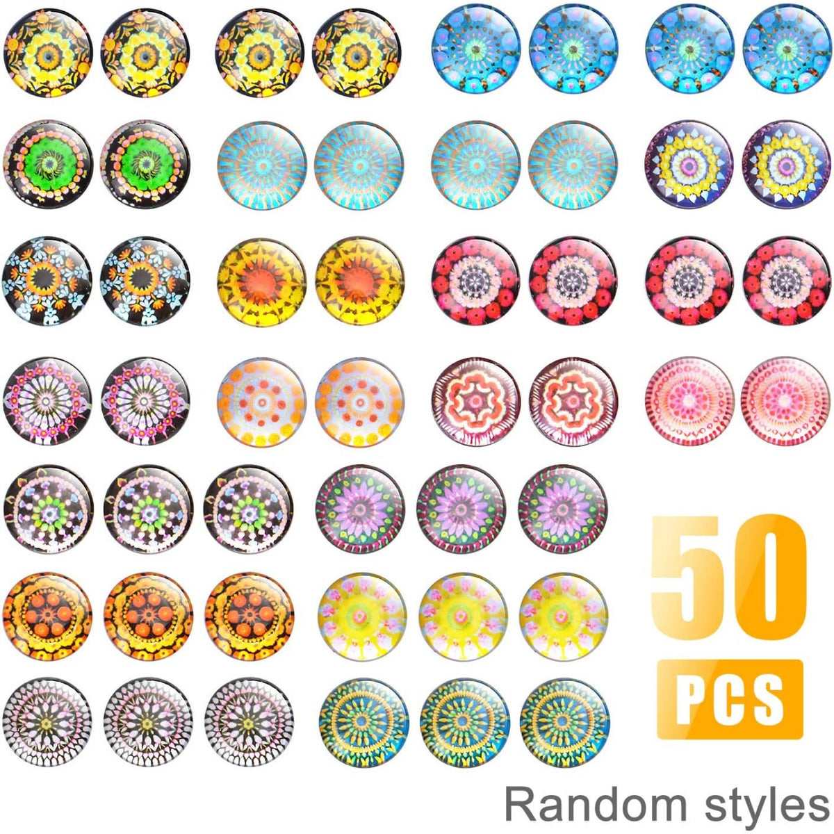 Printed Glass Cabochons, 50pcs 18 Styles Kaleidoscope Pattern Flatback Glass Dome Cabochons Gems (12mm) with 10pcs Silver Stud Earring Blanks and 10pcs Clear Earring Backs for Jewelry Making