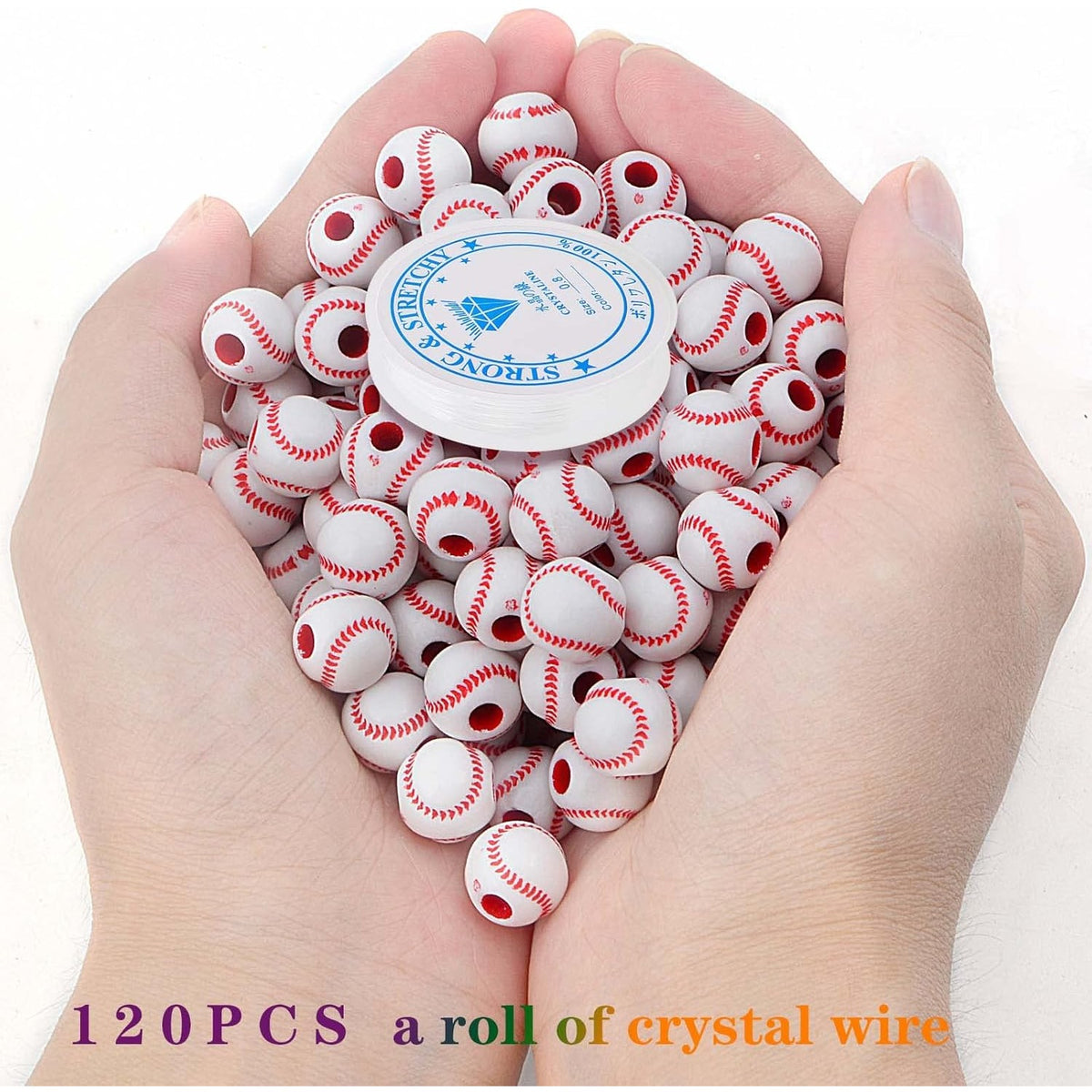 120pcs Round Baseball Spacer Beads Acrylic Baseball Sport Beads with A Roll 6 m of Elastic Crystal String for DIY Necklace Bracelet Jewelry Making Craft Projects