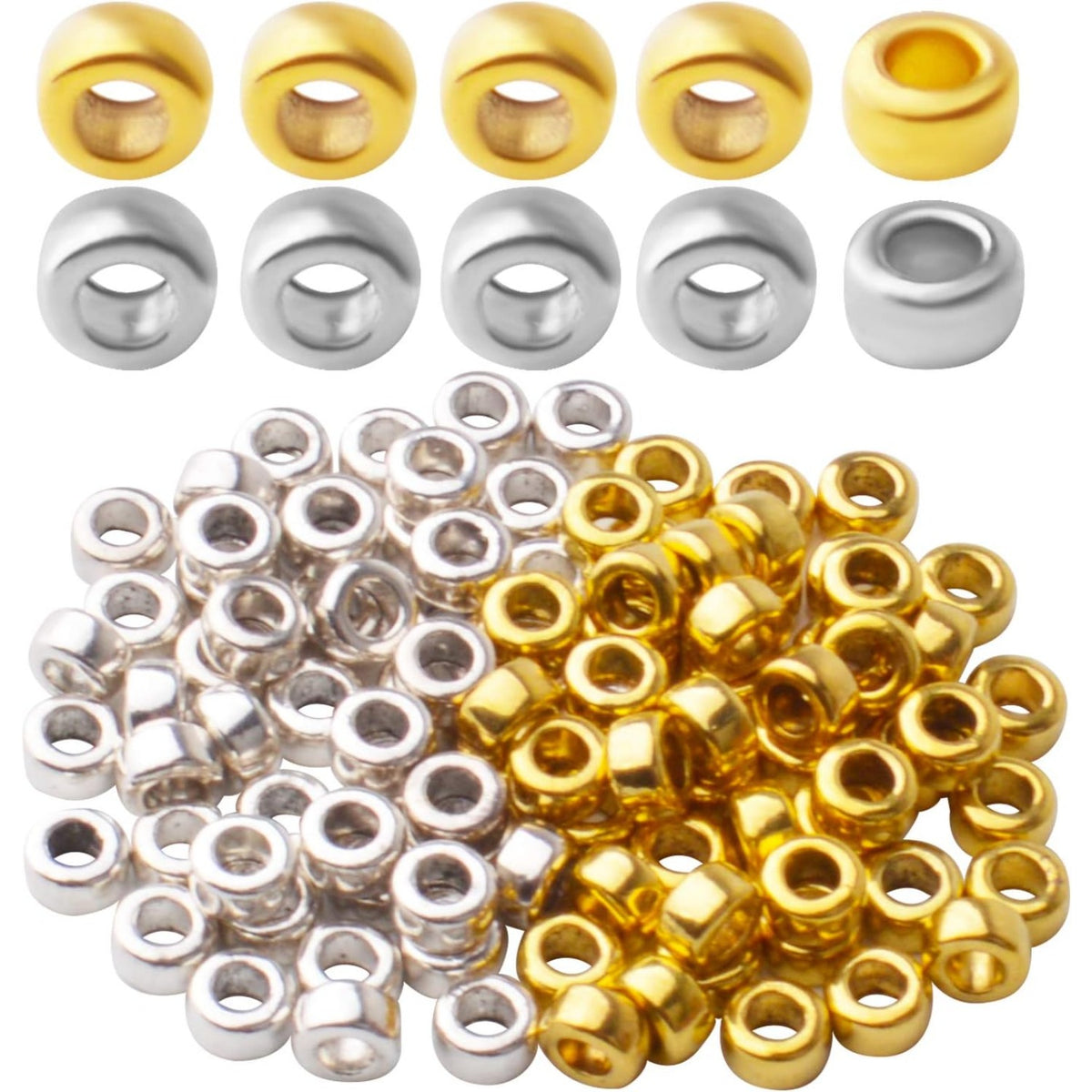 100pcs Alloy Tube Spacer Beads Rondelle Beads European Column Spacers Loose Round Spacers Jewelry Beads Charms for Bracelet Jewelry Crafts Making Supplies,Gold and Silver