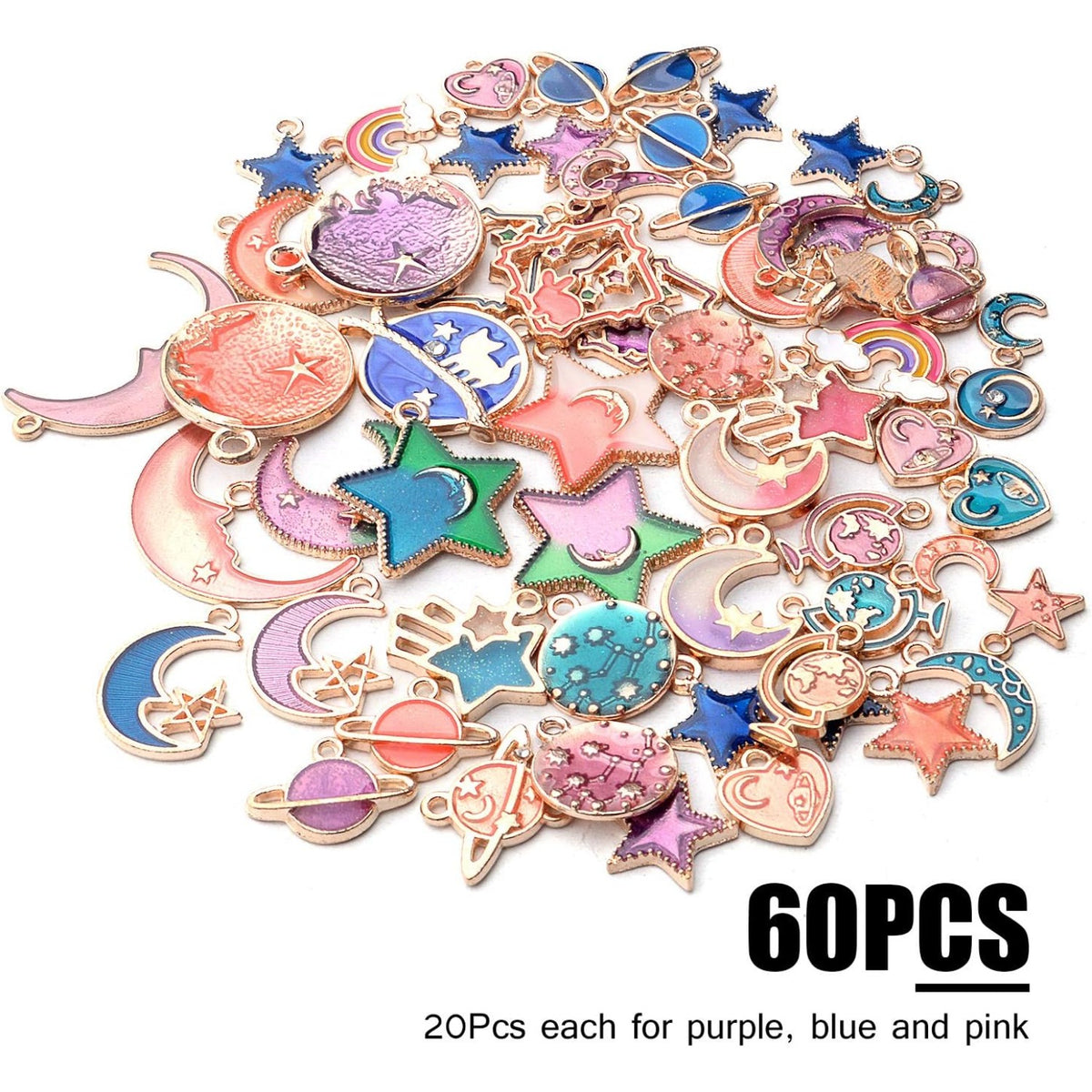 60pcs Mixed Enamel Heart Moon Star Charms Celestial Charm Jewelry Charms Pendants DIY for Earrings Necklace Bracelet Jewelry Making and Crafting, 3 Colors