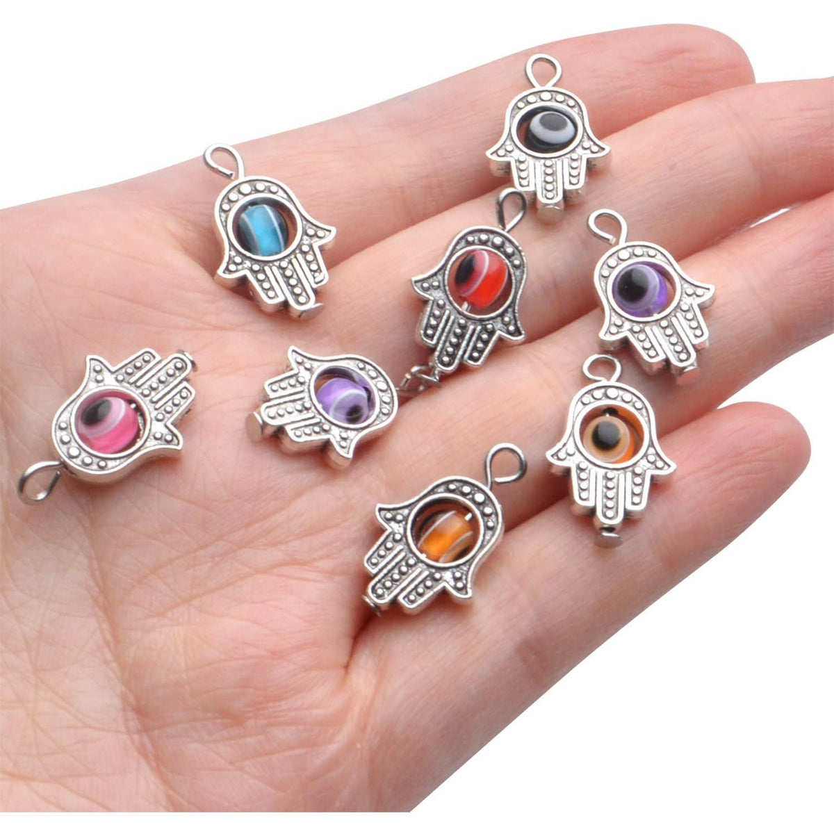 Fatima Hand Charms,30 Pcs Antique Silver Hamsa Hand Evil Eye Bead of Fatima Symbol Charms Hamsa Hand Beads Frame Charms for DIY Necklace Bracelet