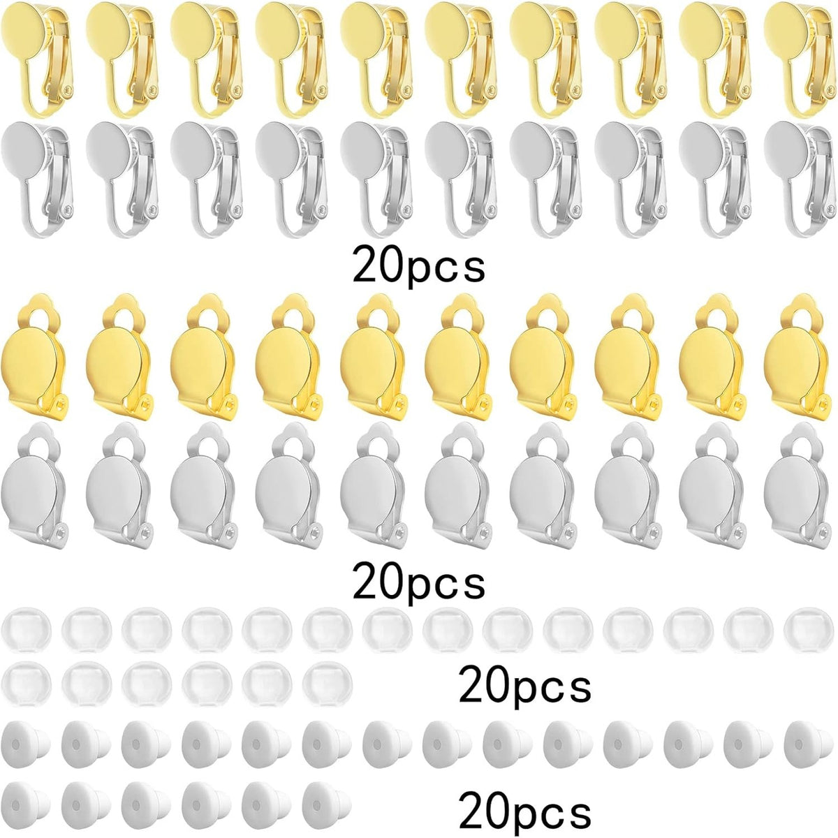 40pcs 2 Styles Clip-on Earring Converters Brass Round Flat Back Tray Earring Clips Components with 40pcs Earring Pads for DIY Earrings Jewelry Making Findings, 2 Colors