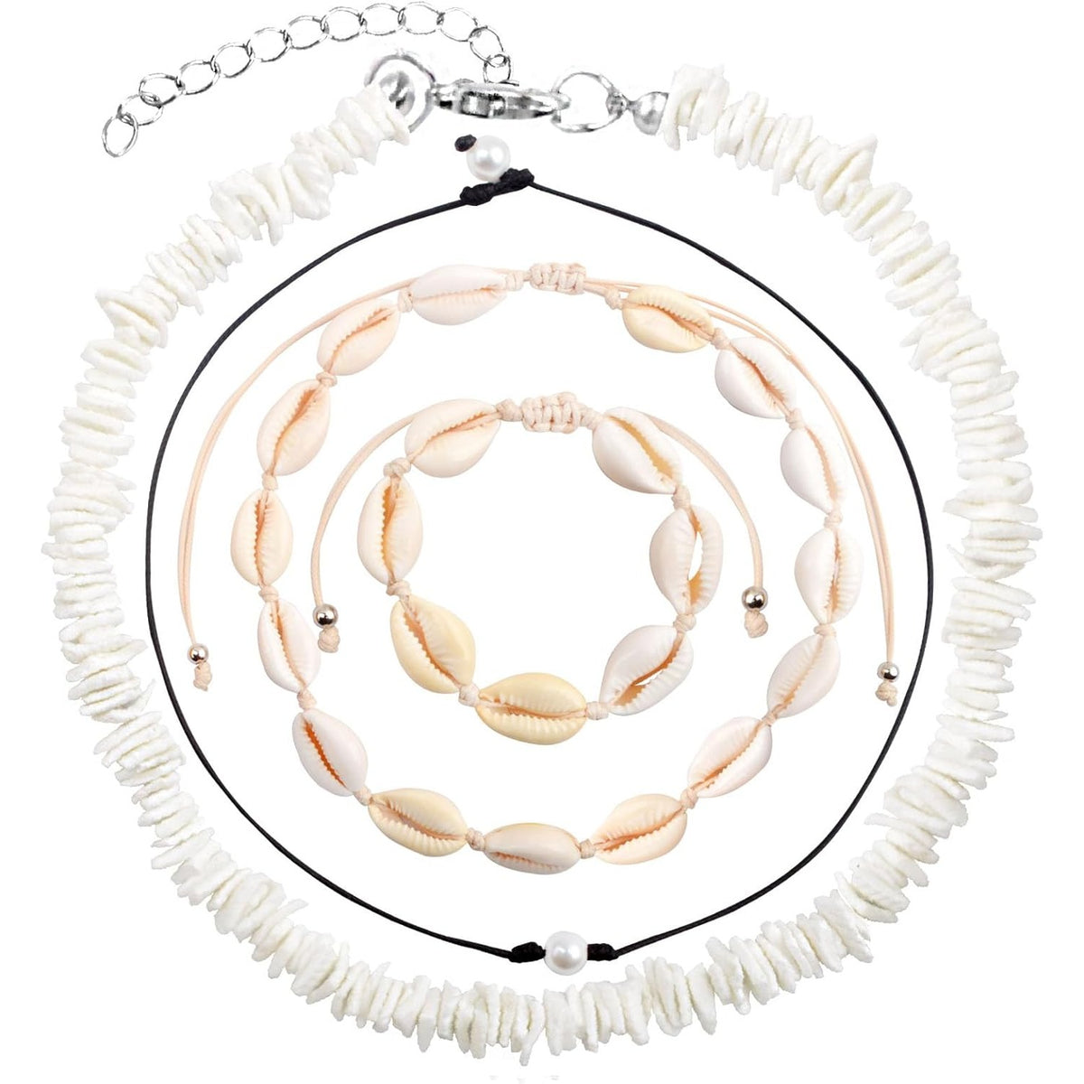 4pcs Puka Shell Necklaces Adjustable Natural Seashell Pearl Bead Choker Necklace Handmade Cowrie Shells Surfer Bracelet Hawaiian Summer Beach Boho Jewelry Set for Women Gifts