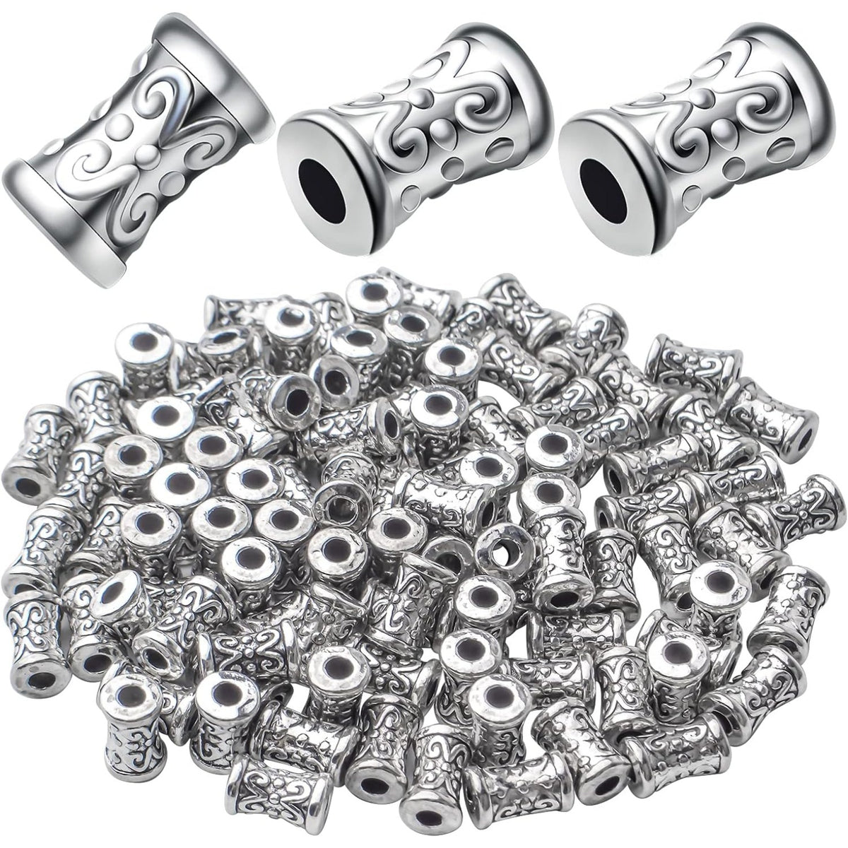 100pcs Antique Silver Plated Spacers Beads Column Spacer Beads Alloy Tibetan Spacers Loose Beads Charm Beads for Jewelry Making Finding DIY Bracelet Necklace