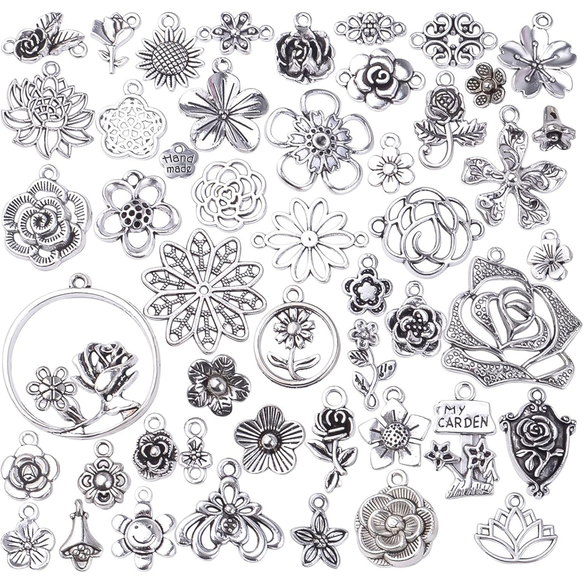 50pcs Mixed Styles Rose Flower Charms Tibetan Alloy Romantic Pendants Flower Beads Connectors Charms for DIY Necklace Bracelet Jewelry Making Birthday Christmas Valentine's Favor