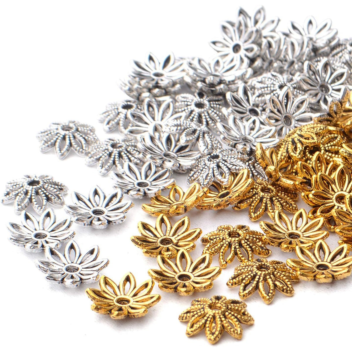 100pcs 10mm Flower Bead End Caps Tibetan Alloy Filigree Flower Caps Hollow Bead Caps Jewelry Spacer Caps for Bracelet Necklace Earring Jewelry Crafts Making