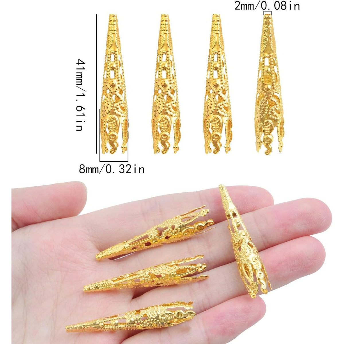 100pcs Golden Long Horn-shaped Flower Bead Caps Hollow Cone Bead End Caps Filigree Flower Spacers Hair Braid Beads for Women DIY Neckalce Earrings Hairpins Craft Projects