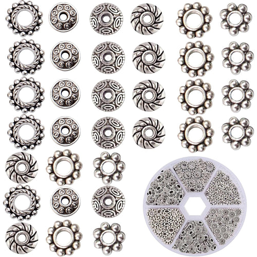 1 Box 300pcs 6 Styles Antique Silver Spacer Beads Tibetan Alloy Flower Charm Loose Bead Small Flat Round Rondelle Spacers Bulk for DIY Crafts Bracelets Earrings Jewelry Making