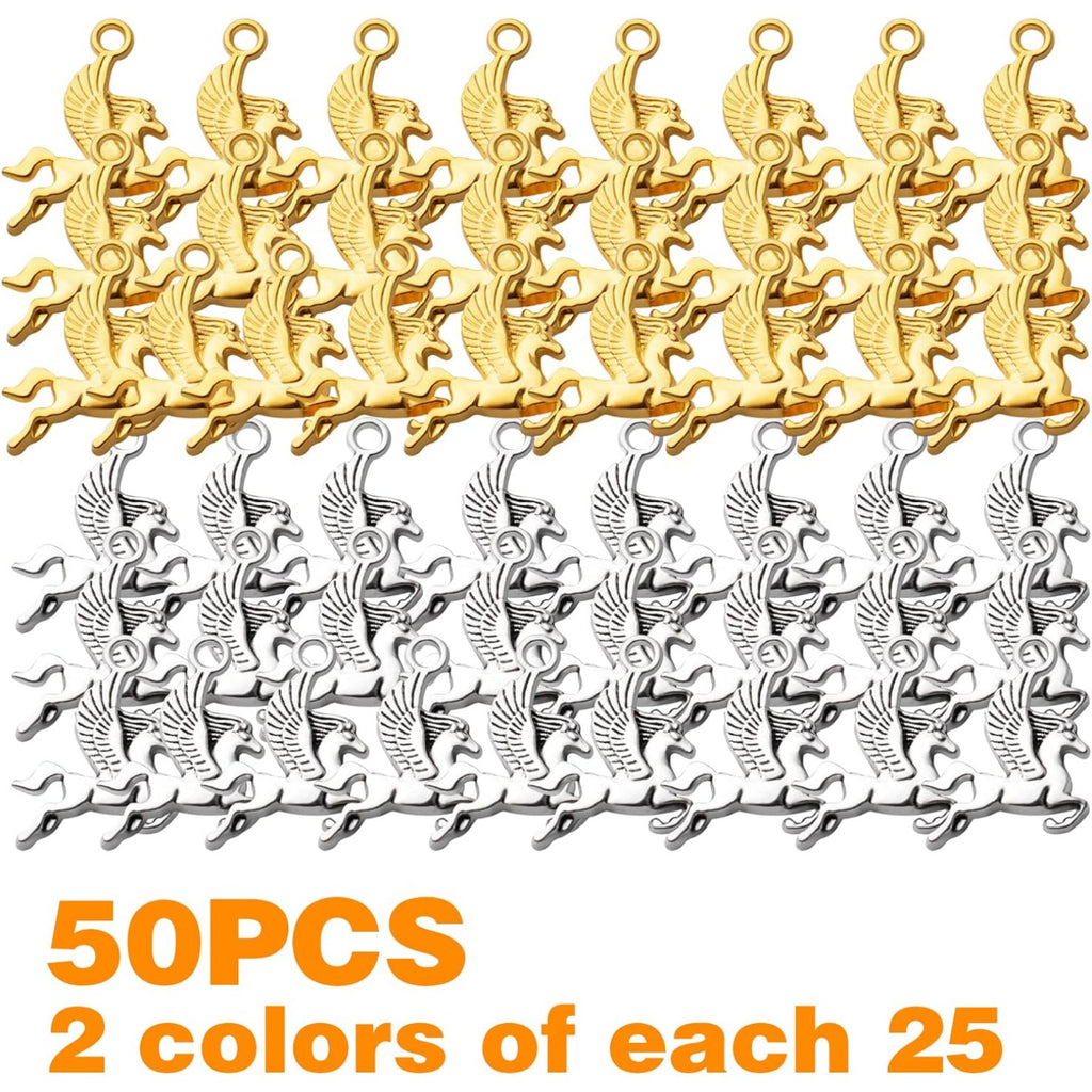 50pcs Flying Horse Charms Pendants Tibetan Alloy Animal Charms Equestrian Beads Charms for DIY Jewelry Bracelet Necklace Making