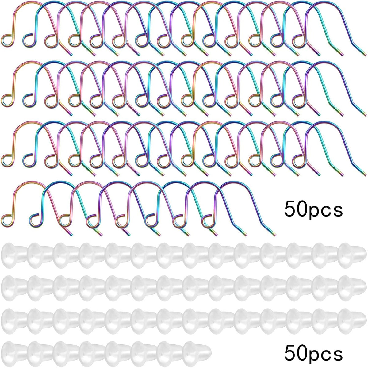 50pcs Stainless Steel Earring Hooks Hypoallergenic Ear Wire Fish Hooks and 50pcs Clear Silicone Earring Backs for DIY Earrings Jewelry Making Findings, Rainbow Color
