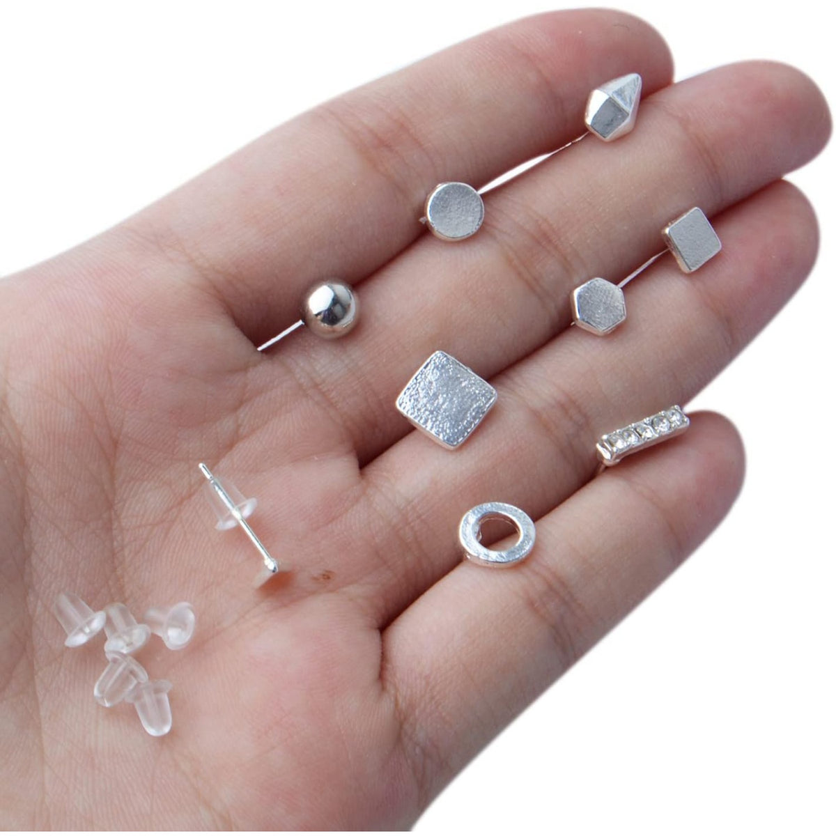 18 Pairs Stainless Steel Earring Post Studs,Earrings Studs Set Geometric Round Cone Ball Earring Pin Studs with Clear Bullet Earring Backs for Earring Making,9 Styles