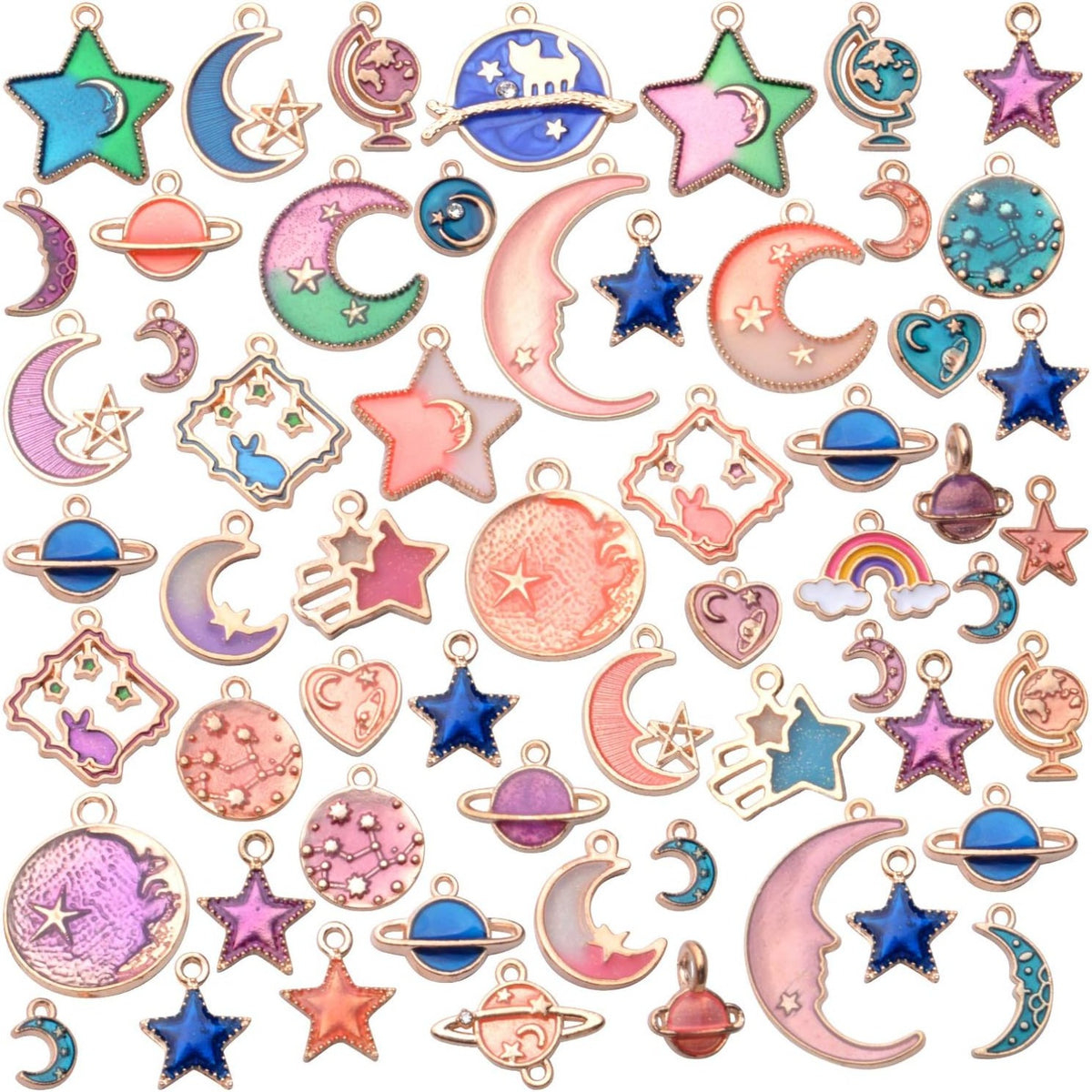 60pcs Mixed Enamel Heart Moon Star Charms Celestial Charm Jewelry Charms Pendants DIY for Earrings Necklace Bracelet Jewelry Making and Crafting, 3 Colors