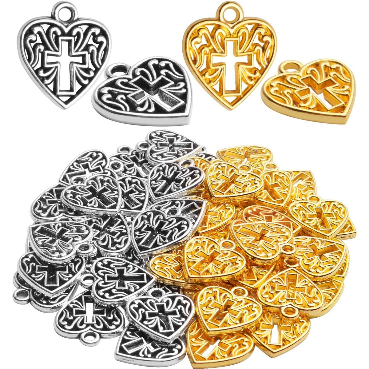 50pcs 16mm Alloy Heart Cross Charms Hollow Love Heart Charms Tibetan Heart Charms Jewelry Charms Pendant for DIY Jewelry Making Crafts Making