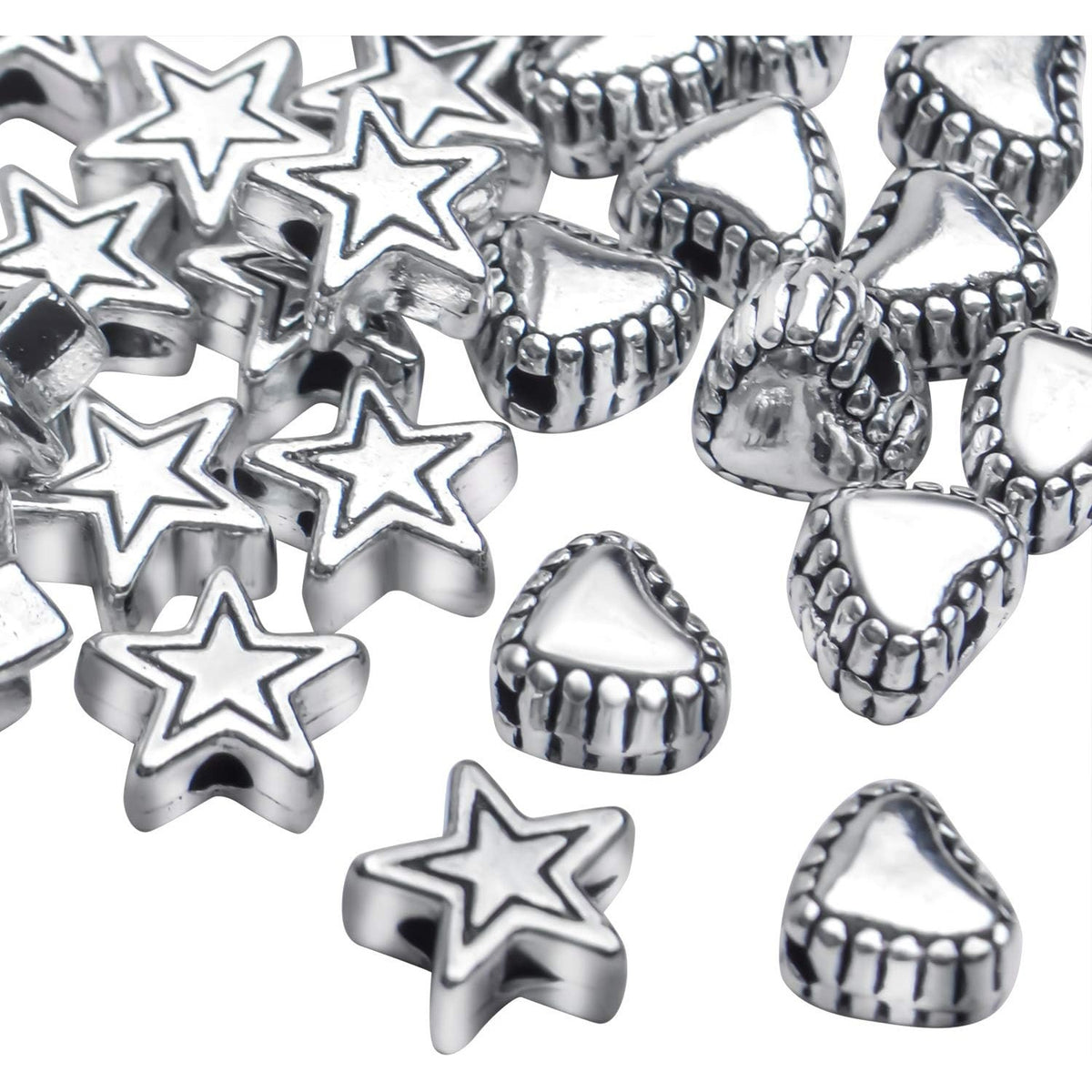 200pcs Alloy Antique Silver Star Heart Spacer Beads for DIY Handmade Charms Bracelets Necklace Accessories Jewelry Crafts Making
