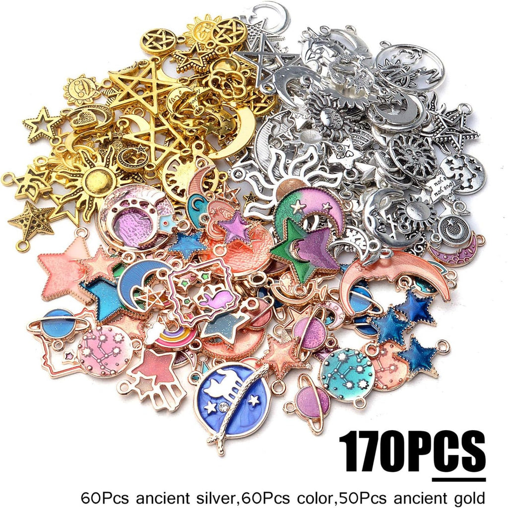 170pcs Jewelry Celestial Charm Pendants, Assorted Gold Plated Enamel Moon Star Charms, Mixed Styles Alloy Sun Moon Star Charms Pendants DIY for Bracelet Necklace Earring Jewelry Making and Crafting