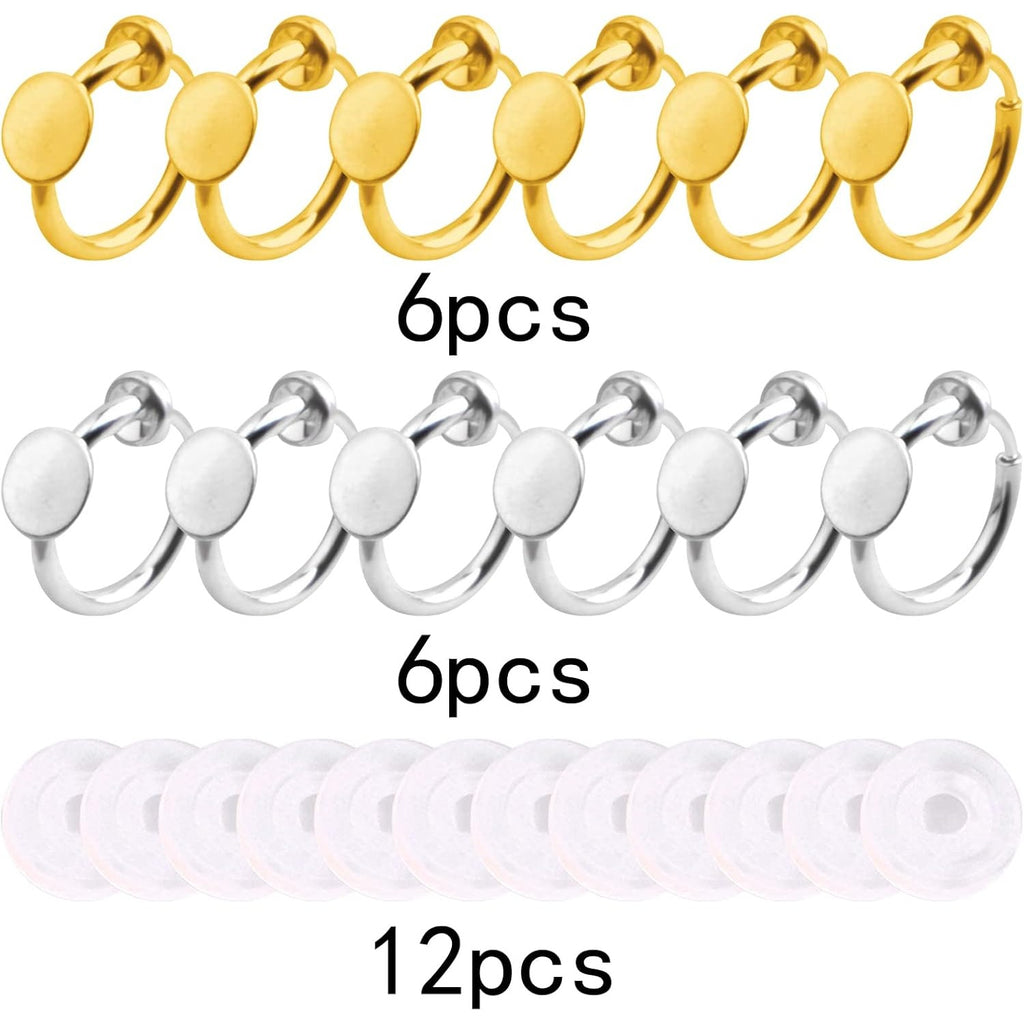 12pcs 2 Colors Clip-on Earring Converters Brass Earring Clips Components with 6 mm Flat Round Pad and 12pcs Clear Earring Cushions for Non-Pierced Ears DIY Jewelry Making Supplies