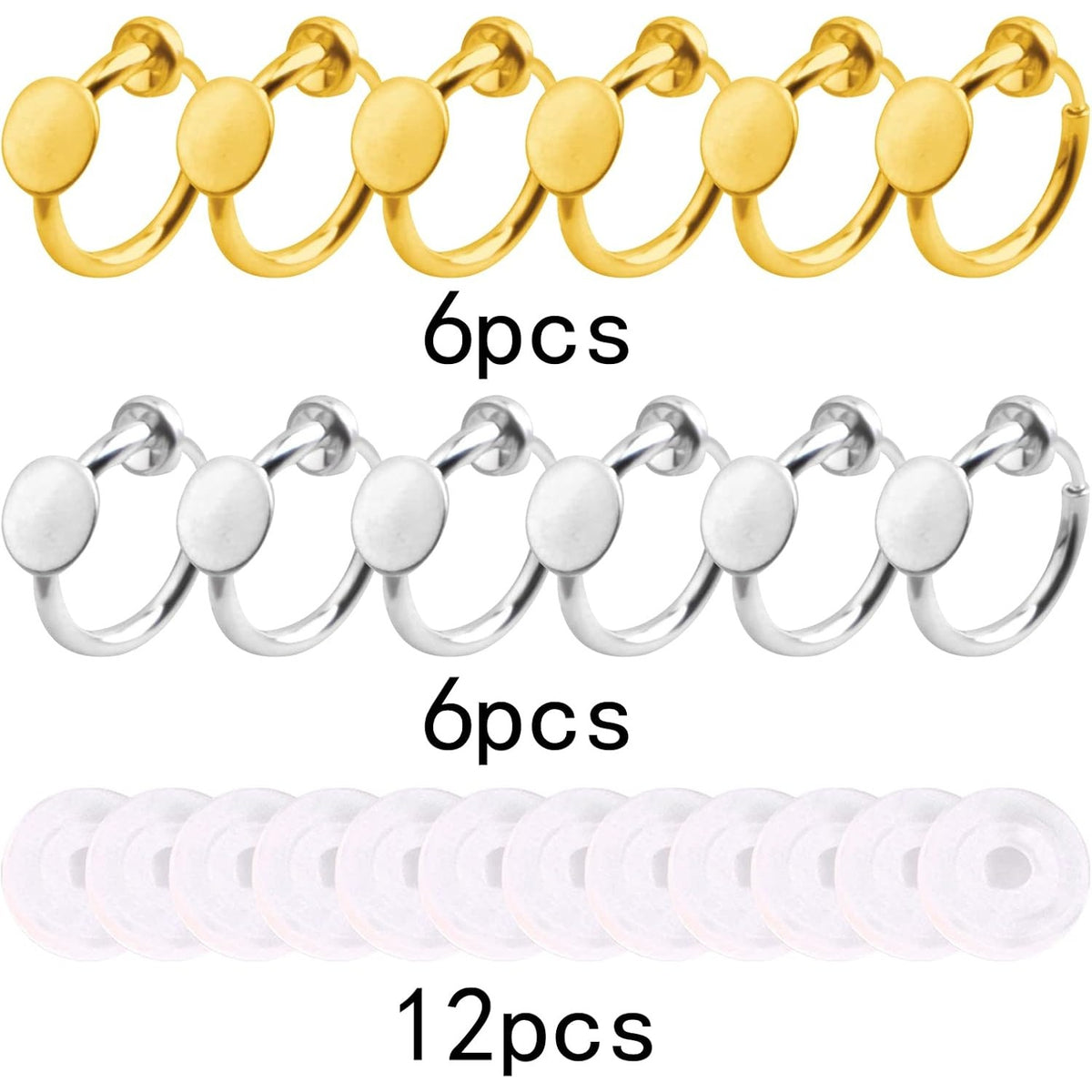 12pcs 2 Colors Clip-on Earring Converters Brass Earring Clips Components with 6 mm Flat Round Pad and 12pcs Clear Earring Cushions for Non-Pierced Ears DIY Jewelry Making Supplies