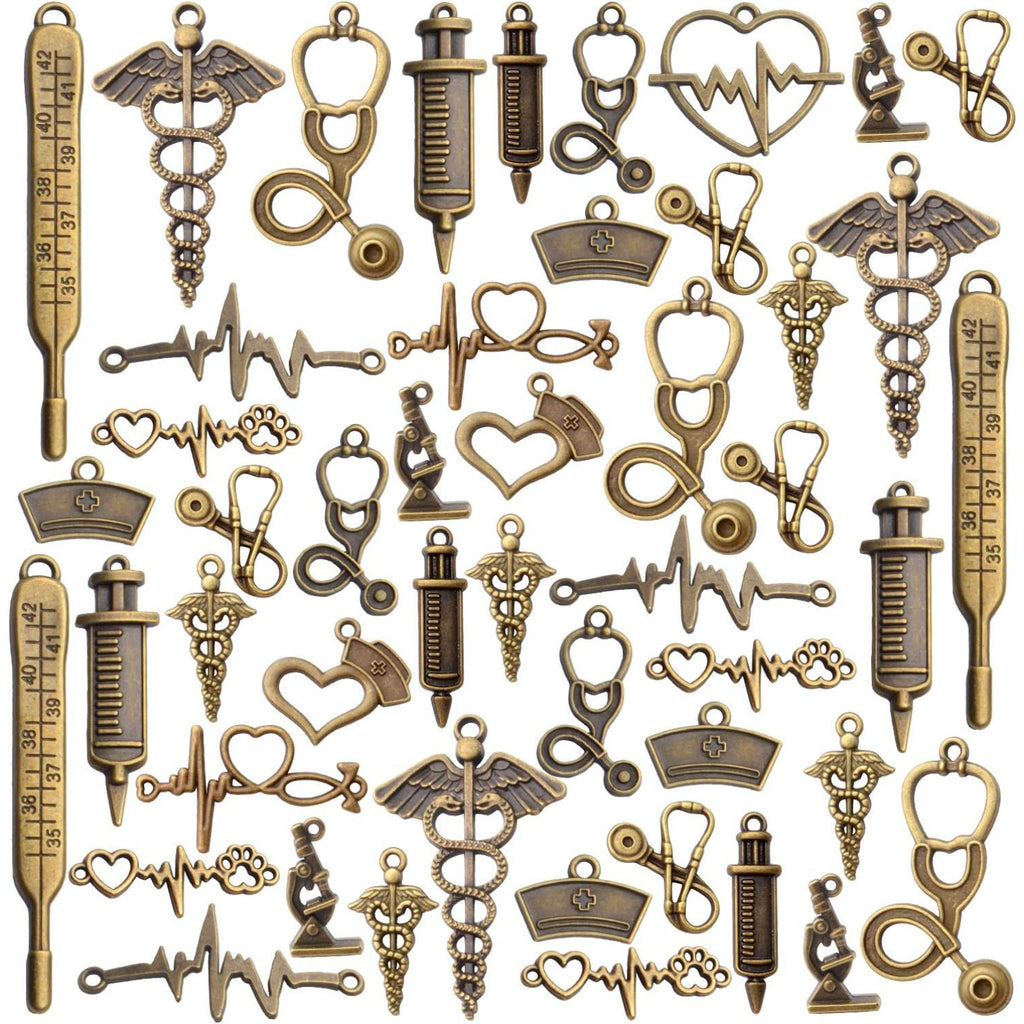 100g Craft Supplies Antique Bronze Medical Nurse Charms Alloy Stethoscope Syringe Nurse Cap Hat Charms Jewelry Medical Charm Pendants for DIY Necklace Bracelet Jewelry Accessory