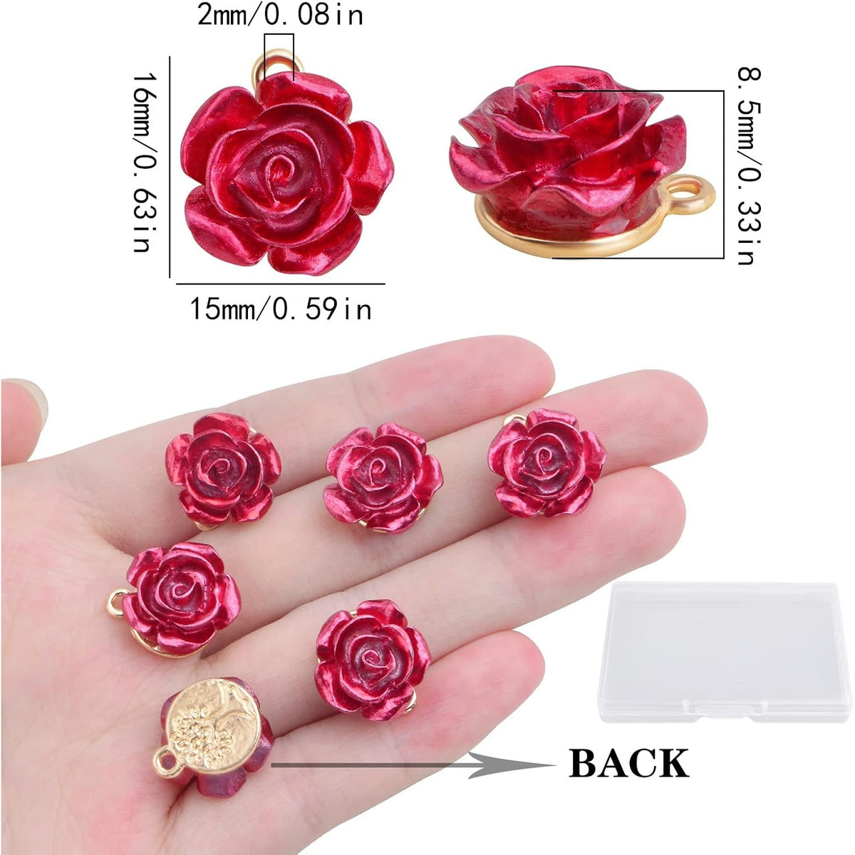 20 Pieces Resin Red Rose Charms Alloy Lovely Roseflower Shaped Dangle Pendants Embellishments with a Box for DIY Necklaces Earrings Jewelry Making Valentine's Gifts