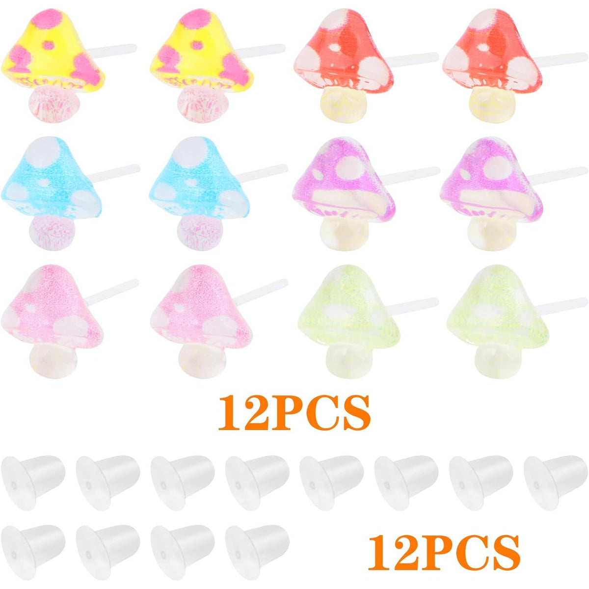 6 Pairs Plastic Mushroom Earring Posts Cute Mushroom-Shaped Earring Pin Studs with Clear Bullet Earring Backs for Women Sensitive Ears Work Home Replacements, 6 Colors