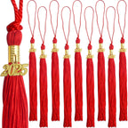 10pcs Graduation Tassels Red Handmade Tassel Grad Cap Decorations with 10pcs Golden 2025 Year Date Charms for 2025 Graduates Graduation Hats Ceremonies Parties Celebrations